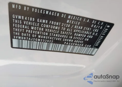 2016 Volkswagen Jetta 1.4T Se z USA, uszkodzony, nr VIN 3VWD67AJ2GM232622